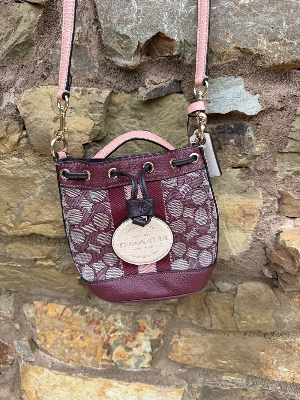 Coach Burgundy Signature Stripe Drawstring Crossbody with Cream Medallion - Picture 4 of 12